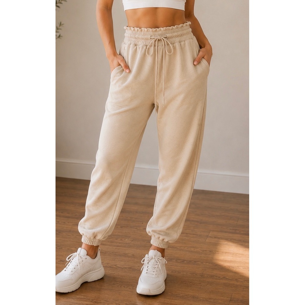 FLX Tan Joggers Womens Medium Drawstring Zipper Pockets B2388 HEAT
